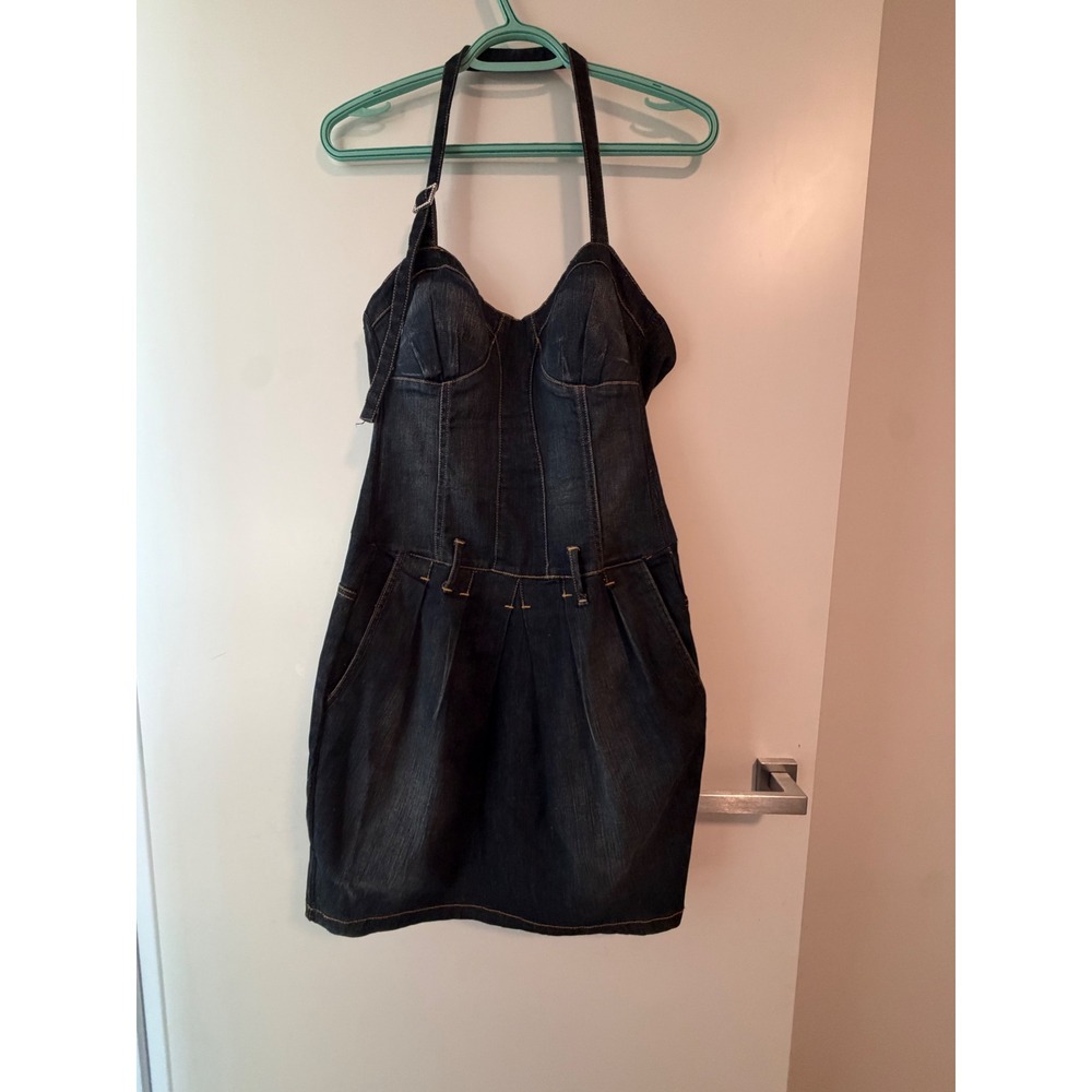 Dark Denim Halter Mini Dress Corset Bodice Rhinestone Buckle Sweetheart Vtg Y2K
